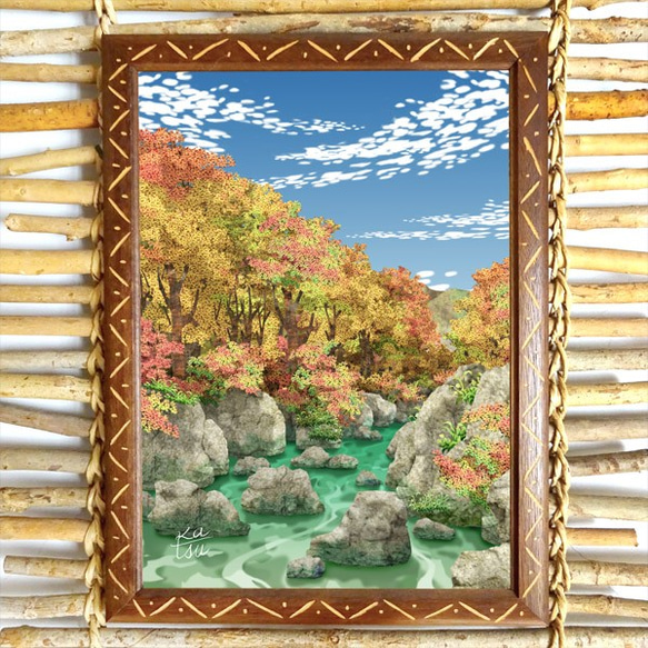 「秋の渓谷」紅葉　渓流　うろこ雲　水彩　切り絵　　 2枚目の画像
