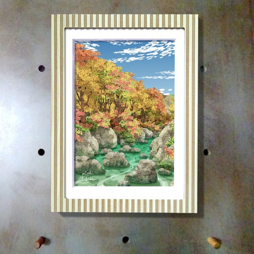 ちぎり絵　秋たけなわ　紅葉の湖畔　額入り　570×480mm 和紙ちぎり絵『秋の山々と鳥』葉書サイズ原画 - 和紙ちぎり絵-彩紘工房
