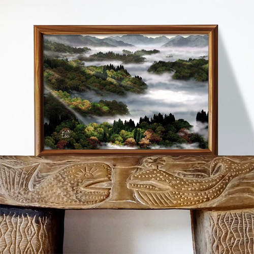 高評価！ 朝霧の山村風景木版画（ヴィンテージ風フレーム入り） （蒼風 版画