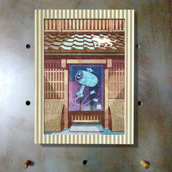 「暖簾・打ち出の小づち」町家　格子　ネコ　イラスト 2枚目の画像