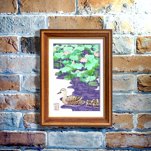 カルガモ親子」子ガモ 行列 ハス イラスト イラスト kura-katsu 通販