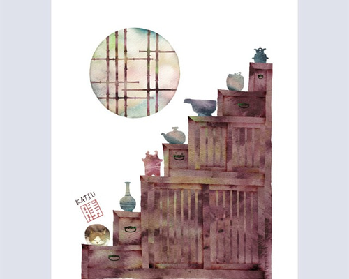 階段箪笥」和家具 骨董 ネコ 丸窓 イラスト イラスト kura-katsu 通販