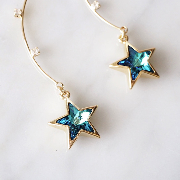 スワロフスキー＊クリスタルバミューダブルー＊星のロングウェーブピアス／イヤリング【k14gf 金属アレルギー対応】 3枚目の画像