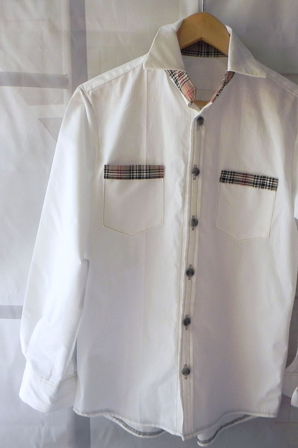 メンズ Sサイズ　ワイドスプレッドカラーシャツ（ホワイト＋タータンチェック） 4枚目の画像