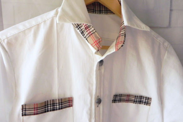 メンズ Sサイズ　ワイドスプレッドカラーシャツ（ホワイト＋タータンチェック） 6枚目の画像