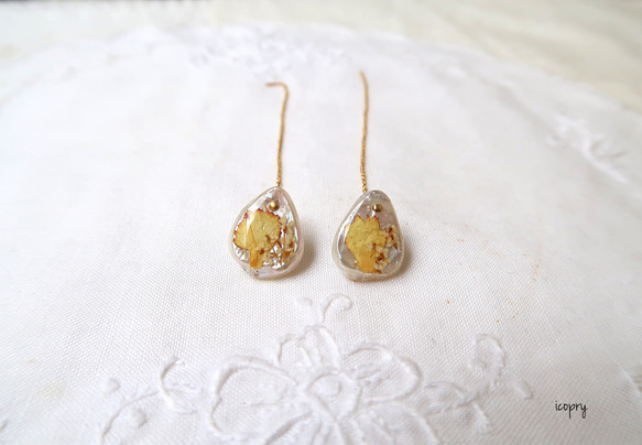 -  antique botanical pearl -  ドロップピアス（yellow×レースフワラー×ゴールドピン) 4枚目の画像