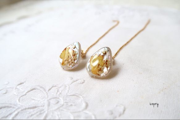 -  antique botanical pearl -  ドロップピアス（yellow×レースフワラー×ゴールドピン) 5枚目の画像