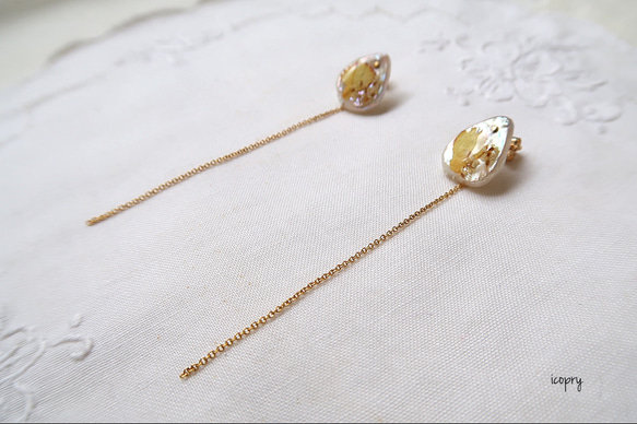 -  antique botanical pearl -  ドロップピアス（yellow×レースフワラー×ゴールドピン) 6枚目の画像