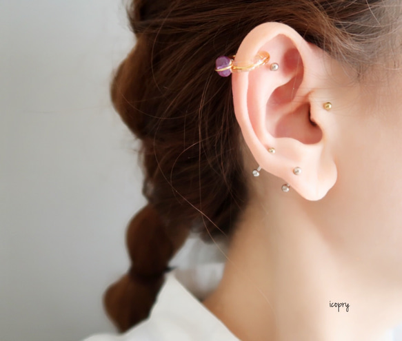 -  ear cuff  -  （gold × アメジスト　ボタン型　カット入り　中心）no.1439 9枚目の画像