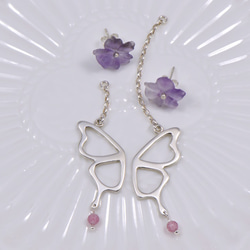 紫花蝶舞 雙面不對稱純銀耳環組-紫粉 第3張的照片