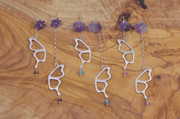 紫花蝶舞 雙面不對稱純銀耳環組-紫粉 第5張的照片