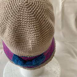 コットンリネンの手編みサマーニット帽 2枚目の画像