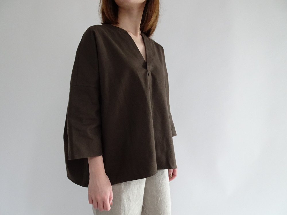 キーネック起毛コットンプルオーバー＜ダークブラウン＞