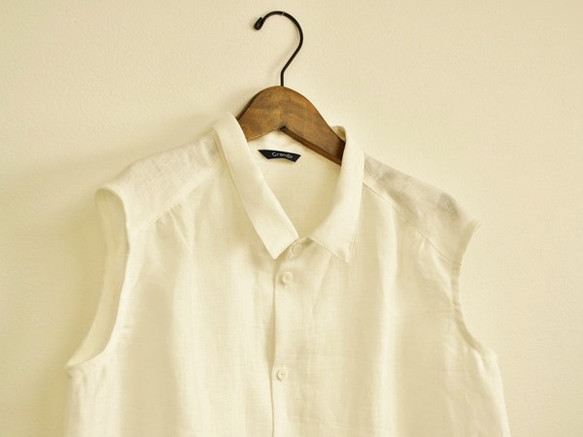 リネン100％フレンチスリーブ　ボタンシャツ＜ホワイト＞ 2枚目の画像