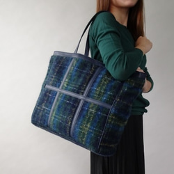 Lサイズ大容量シャギーチェック起毛ウールトートバッグ＜ネイビー系
