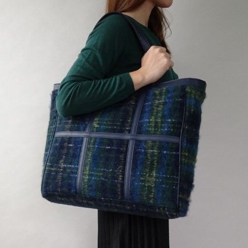 Lサイズ大容量シャギーチェック起毛ウールトートバッグ＜ネイビー系