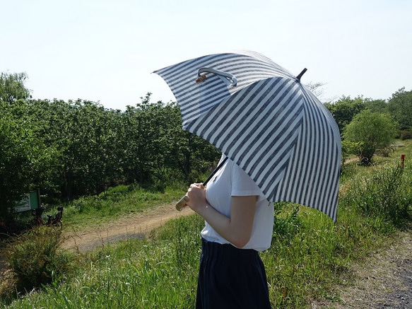 竹柄亞麻遮陽傘 2 級調節 &lt;條紋灰色&gt; 第6張的照片