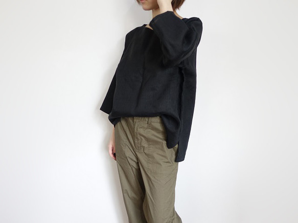 亞麻 3/4 套頭衫（黑色） 第4張的照片