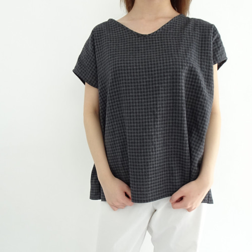 美品 A VONTAGE コットンリネン キャンプシャツ ギンガムチェック コットンリネン/ギンガムチェックプルオーバー ブラウス Grandir