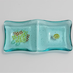 二枚セットあじさいの咲く皿　6cm×14cm　ブルー＆グリーンの長皿 2枚目の画像
