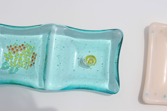 二枚セットあじさいの咲く皿　6cm×14cm　ブルー＆グリーンの長皿 4枚目の画像