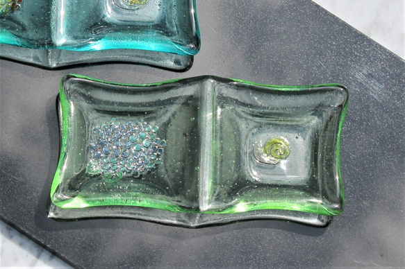 二枚セットあじさいの咲く皿　6cm×14cm　ブルー＆グリーンの長皿 5枚目の画像