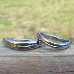 【金属アレルギー対応】ブルー〜イエロー〜ピンクのグラデーションライン・ジルコニウムの結婚指輪 2枚目の画像