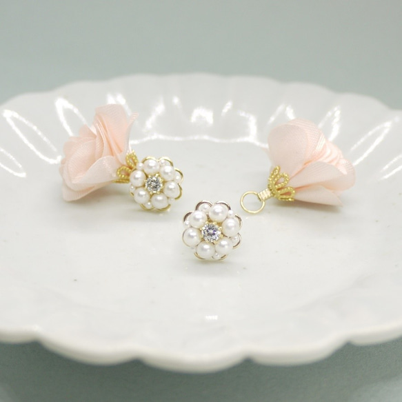 【ピアス】クリスタルパールのお花とフラワータッセルの2WAYピアス　ピンク/035p 2枚目の画像