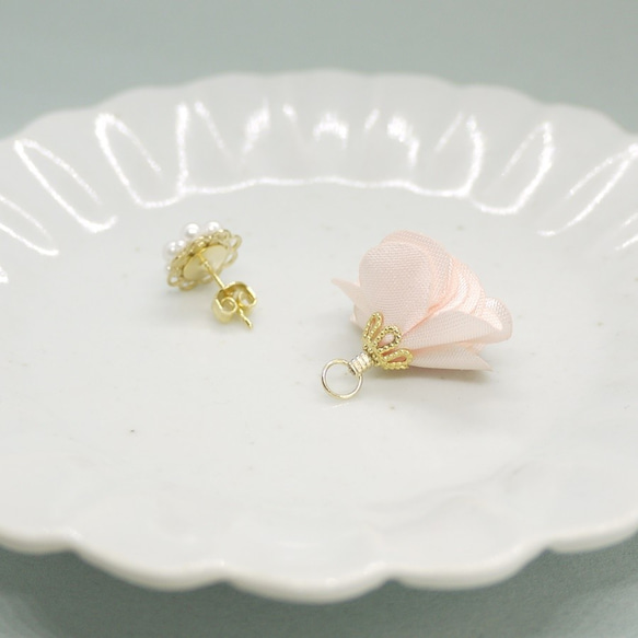 【ピアス】クリスタルパールのお花とフラワータッセルの2WAYピアス　ピンク/035p 3枚目の画像