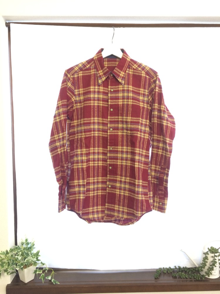 【ハンドメイドシャツ】チェックシャツ　赤×黄タータンチェック　ソーオン風スナップボタン　襟・カラーデニム地