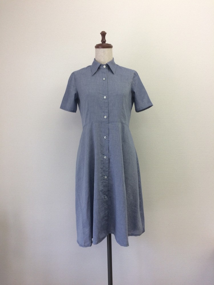 【ハンドメイドシャツワンピース】オーガニックコットン　テンセル　エアリーシャンブレー　ブルー　半袖