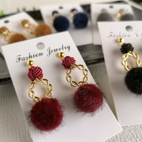 ✾ワインレッド×ボルドー✾玉結びとチェーンリング×フェイクファー 