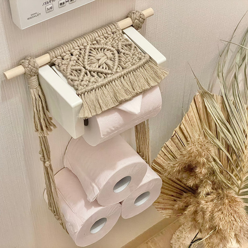 ずっきー様完成品オーダートイレットペーパー入れ 受注制作】マクラメトイレットペーパーホルダー type C バス・トイレ