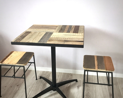 【J】木製パッチワークテーブル ウォールナットパッチワークサークルテーブル（スチール脚）