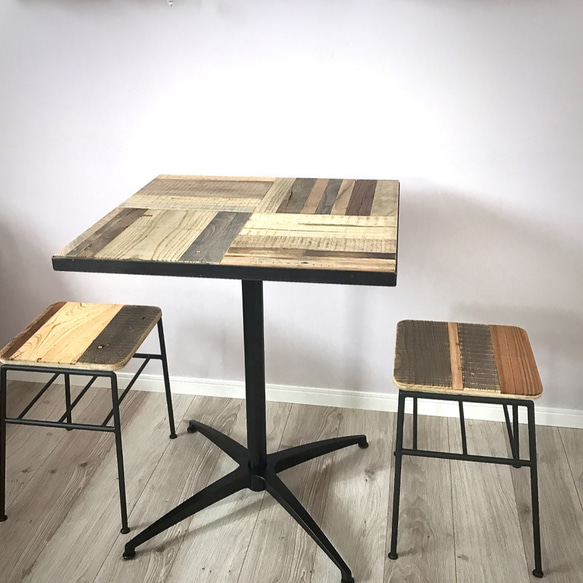 木製パッチワークテーブル ウォールナットパッチワークサークルテーブル（スチール脚）