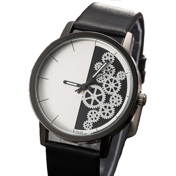 ユニセックス ギアダイヤル腕時計 ブラック<q-004> 3枚目の画像