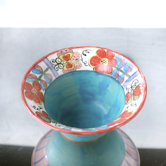 花と蝶絵とターコイズブルーのリムbowl 3枚目の画像