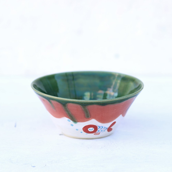 織部釉と赤い金魚絵のbowl（ピンク） 1枚目の画像