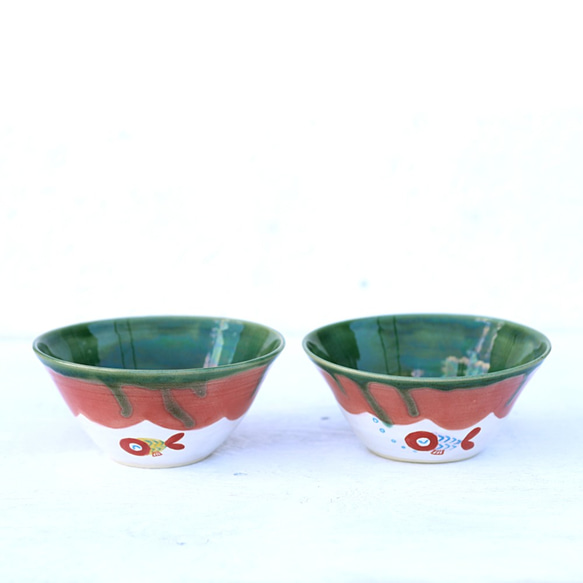 織部釉と赤い金魚絵のbowl（ピンク） 5枚目の画像