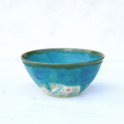 ターコイズブルー釉と桜と流水紋様の鉢（大）イエロー 1枚目の画像