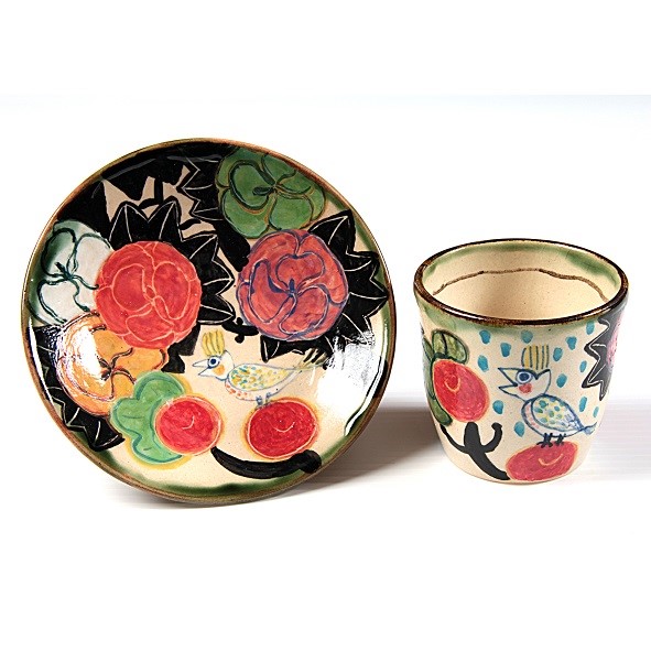 立葵に止まる鳥・色絵フリーカップセット
