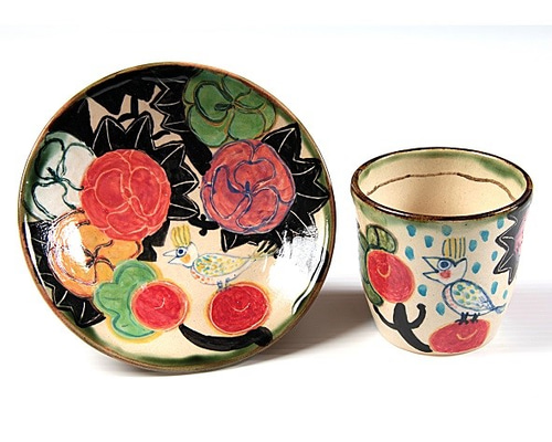 手作り陶器　小粋な色柄カップ 3個セット t.u 29ハンドメイド 立葵に止まる鳥・色絵フリーカップセット マグカップ 春信工房 通販