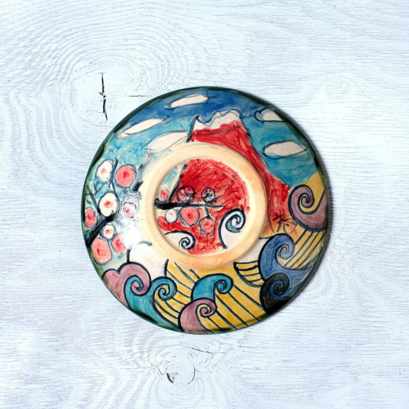波と梅と富士山の色絵皿 3枚目の画像