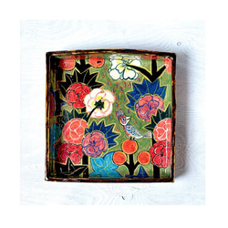 立葵と鳥の色絵箱皿（金継） 2枚目の画像