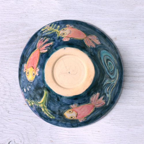 水彩画調の金魚絵（紺地＆ピンク）の椀陶器 お椀・ボウル・鉢