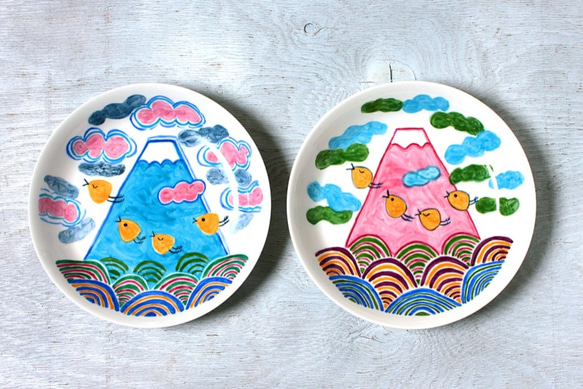 流行富士山和波鴴的深盤（粉紅色） 第4張的照片