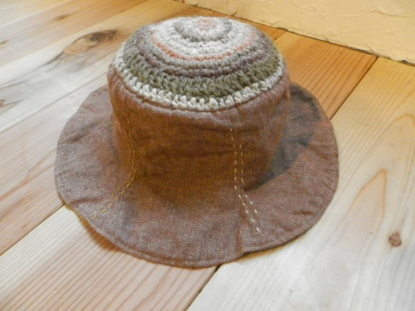 チューリップハット☆kids　草木染めの編み編み☆ナチュラルヒッピー帽子 春のおでかけに！　 1枚目の画像