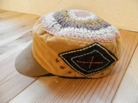 TsukiyoのParty kids☆Cap　コーデュロイと草木染めの編み編み☆ナチュラル帽子　 2枚目の画像