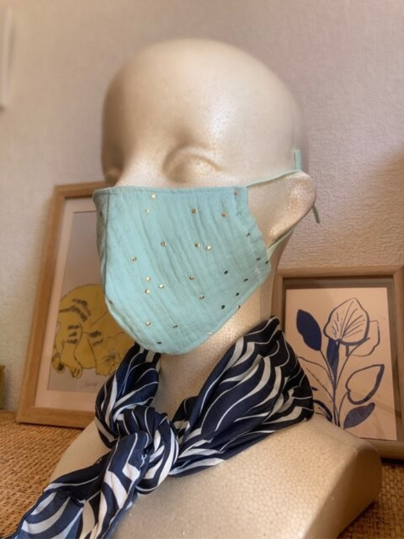 きらきらミント（フランス製ダブルガーゼ）：立体マスク 3枚目の画像