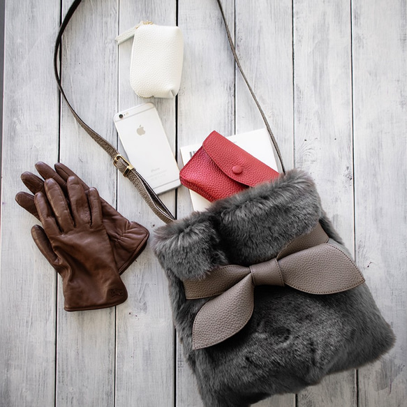 高品質環保皮草和真皮絲帶單肩包 [灰色/灰褐色] 第8張的照片